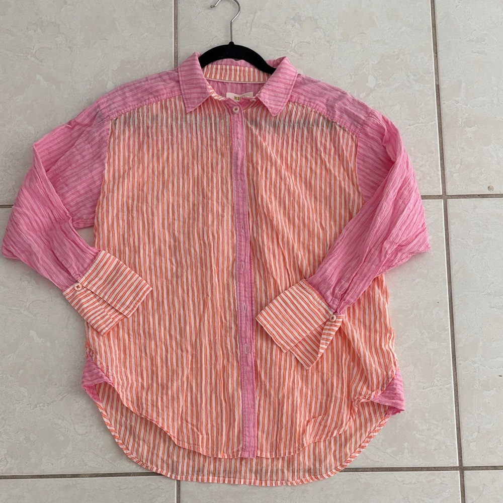 Anthropologie Pink and Peach Striped Lightweight Button-Down Shirt